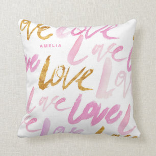 Pink and Faux Gold Foil Love Typography Custom Throw Pillow