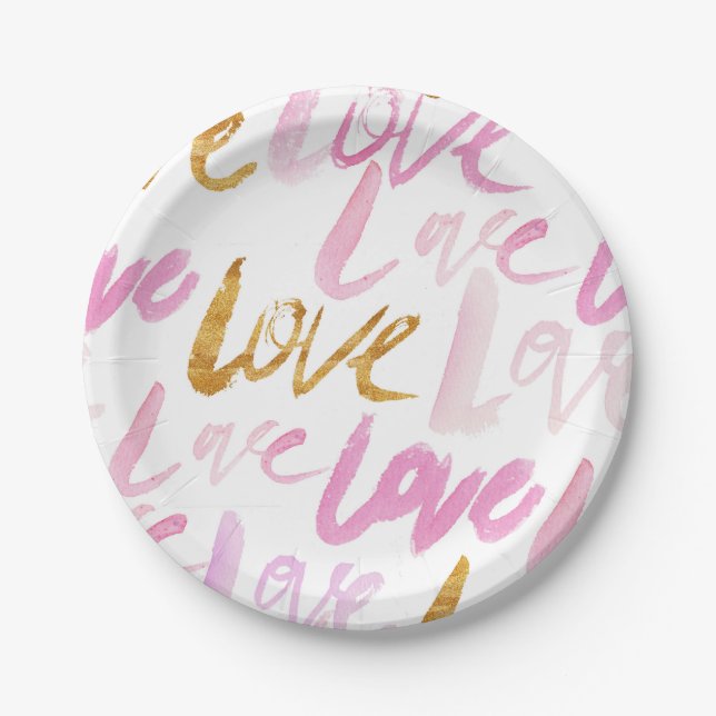 Pink and Faux Gold Foil Love Typography Pattern Paper Plates (Front)