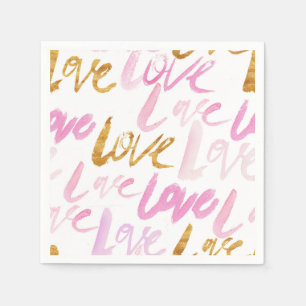 Pink and Faux Gold Foil Love Valentines Pattern Napkins