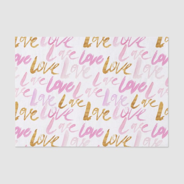 Pink and Faux Gold Foil Love Valentines Pattern Tissue Paper (Front)