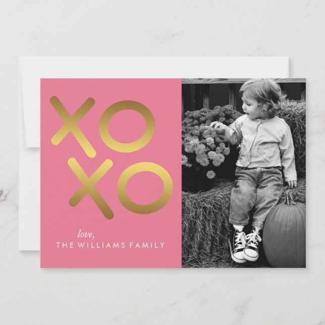 Pink and Faux Gold Foil XOXO Valentine's Day Holiday Card (Front)