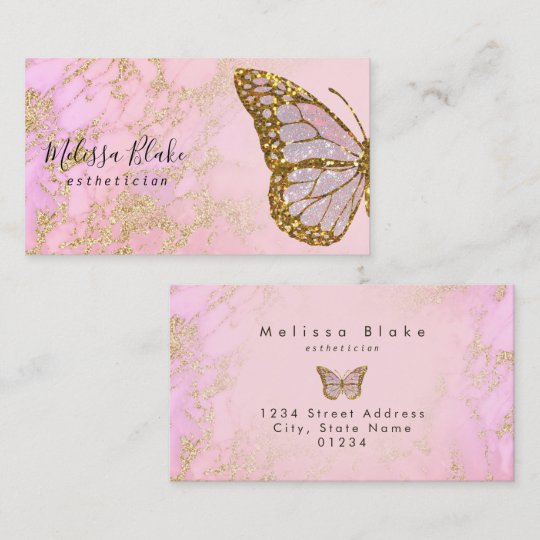 pink and faux gold glitter butterfly business card