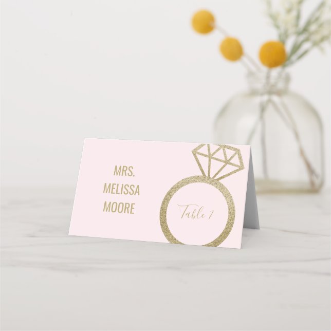 Pink and Faux Gold Glitter Engagement Ring Bridal  Place Card (Front)