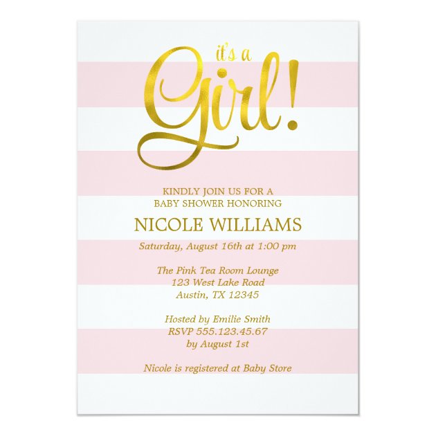 Pink And Faux Gold Stripes Girl Baby Shower Invitation