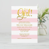 Pink and Faux Gold Stripes Girl Baby Shower Invitation (Standing Front)
