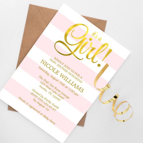 Pink and Faux Gold Stripes Girl Baby Shower 5x7 Paper Invitation Card