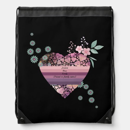 Pink and floral heart for loved friends and family drawstring bag
