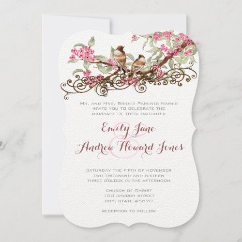 Pink and Forest Green Vintage Love Birds in a Tree Invitation