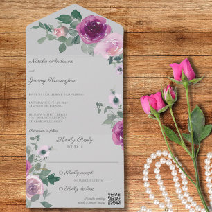 Pink and Fuchsia Roses on Gray QR Code All In One Invitation