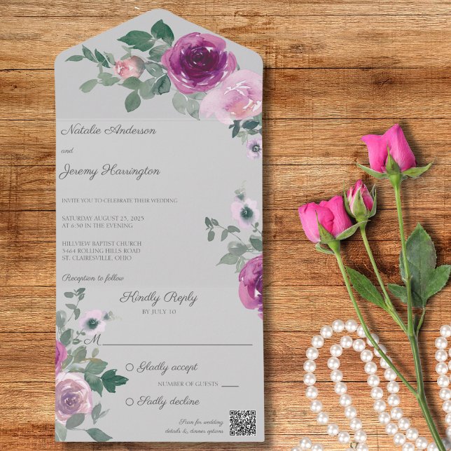 Pink and Fuchsia Roses on Gray QR Code All In One Invitation (Creator Uploaded)