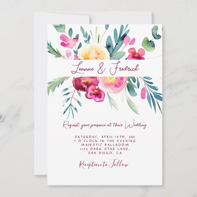 Pink and Fushia watercolor floral custom Wedding Invitation (Front)