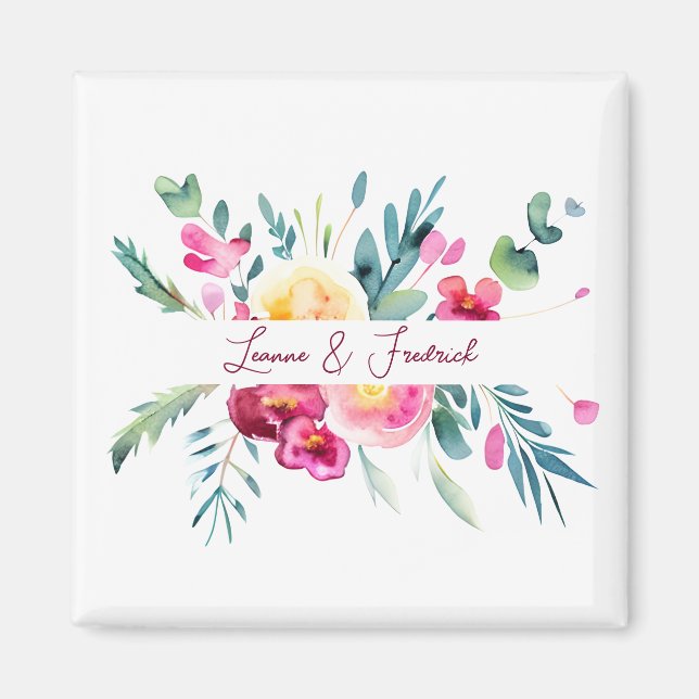Pink and Fushia watercolor floral custom Wedding Magnet (Front)