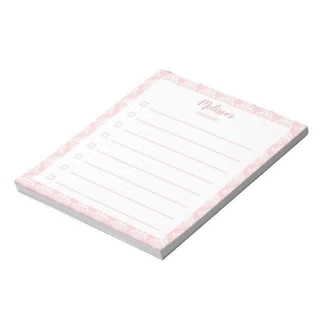 Pink And Girly Damask Personalizable Checklist Notepad (Rotated)