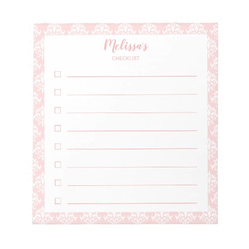 Pink And Girly Damask Personalizable Checklist Notepad