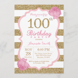 Pink and Gold 100th Birthday Invitation Floral