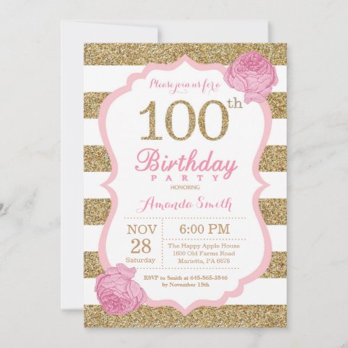 Pink and Gold 100th Birthday Invitation Floral