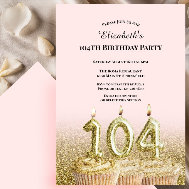 Pink and Gold 104th Birthday Invitation For Her (Creator Uploaded)