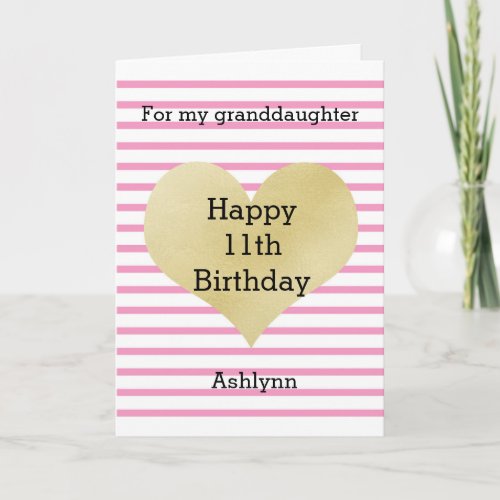 Pink and Gold 11th Birthday Granddaughter Card