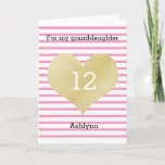 Pink and Gold 12th Birthday Granddaughter Card<br><div class="desc">Pink and Gold 12th Birthday Granddaughter or any age birthday girl card. You can easily personalize the age and name. The inside granddaughter birthday message can also be personalized if wanted. The back of this gold heart birthday card also features the gold heart and pink stripes with a happy birthday...</div>