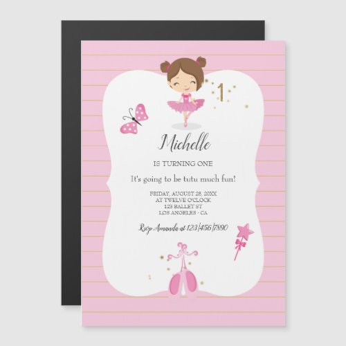 Pink and Gold 1st Birthday Ballerina Party Magnetic Invitation