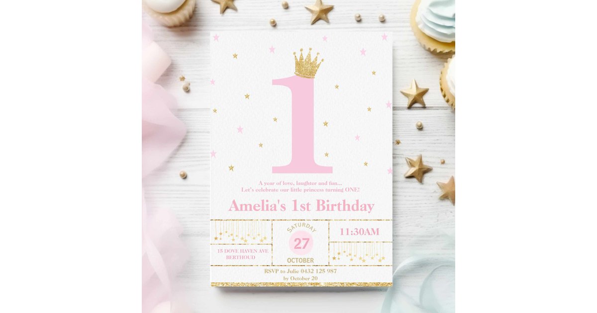 Pink and Gold 1st Birthday Girl Princess Invitation | Zazzle