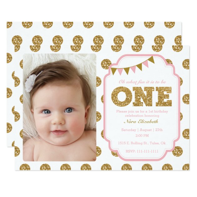 Pink And Gold 1st Birthday Invitation