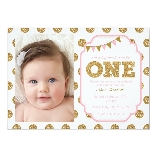 Pink And Gold 1st Birthday Invitation