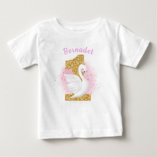 Pink and Gold 1st Birthday Swan Princess Baby T_Shirt