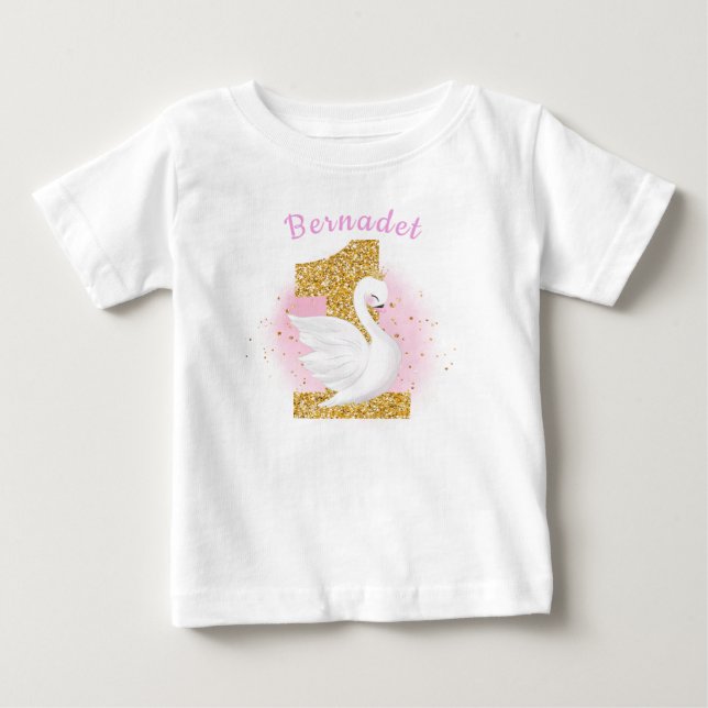 Pink and Gold 1st Birthday Swan Princess Baby T-Shirt (Front)