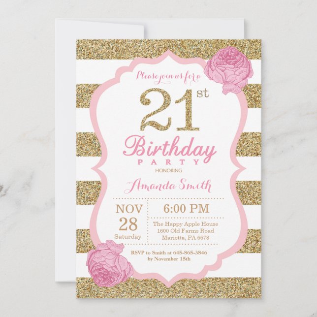 Pink and Gold 21st Birthday Invitation Floral (Front)