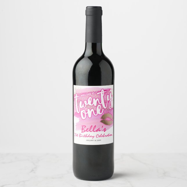 Pink and Gold 21st Birthday Wine Labels (Front)