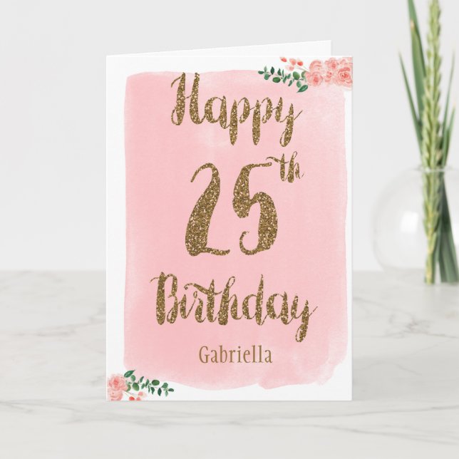 Pink and Gold 25th Birthday Card (Front)