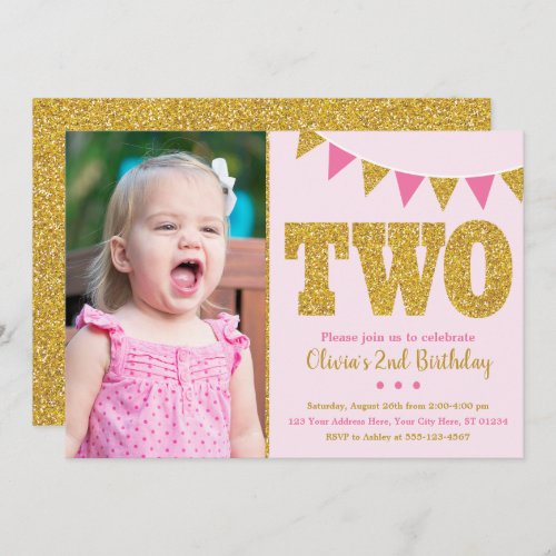 Pink and Gold 2nd Birthday Invitation with Photo