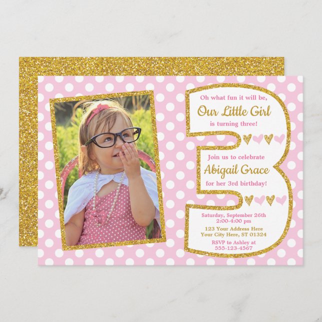 Pink and Gold 3rd Birthday Invitation (Front/Back)