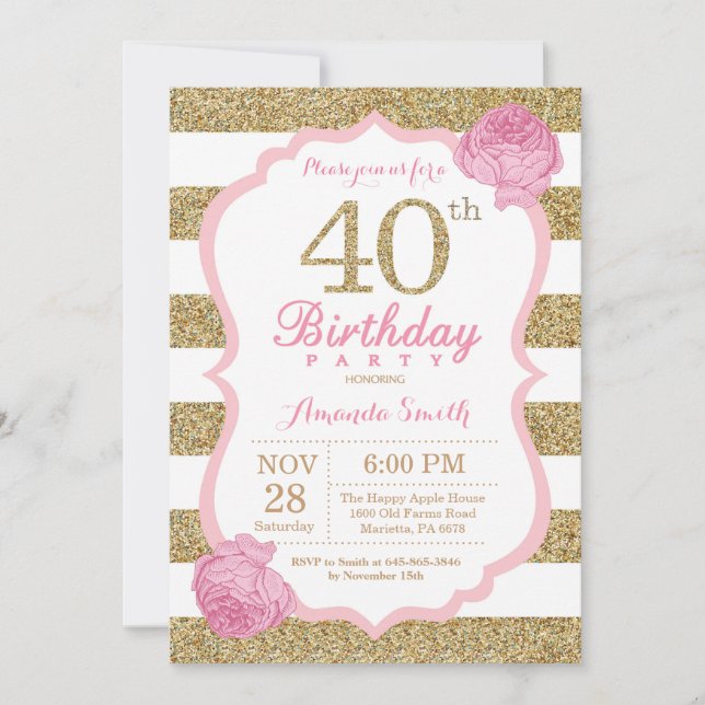 Pink and Gold 40th Birthday Invitation Floral (Front)