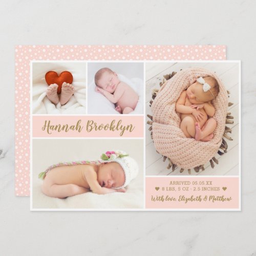 Pink and Gold 4 Photo Collage Birth Announcement
