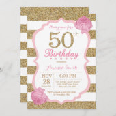 Pink and Gold 50th Birthday Invitation Floral (Front/Back)