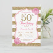 Pink and Gold 50th Birthday Invitation Floral (Standing Front)