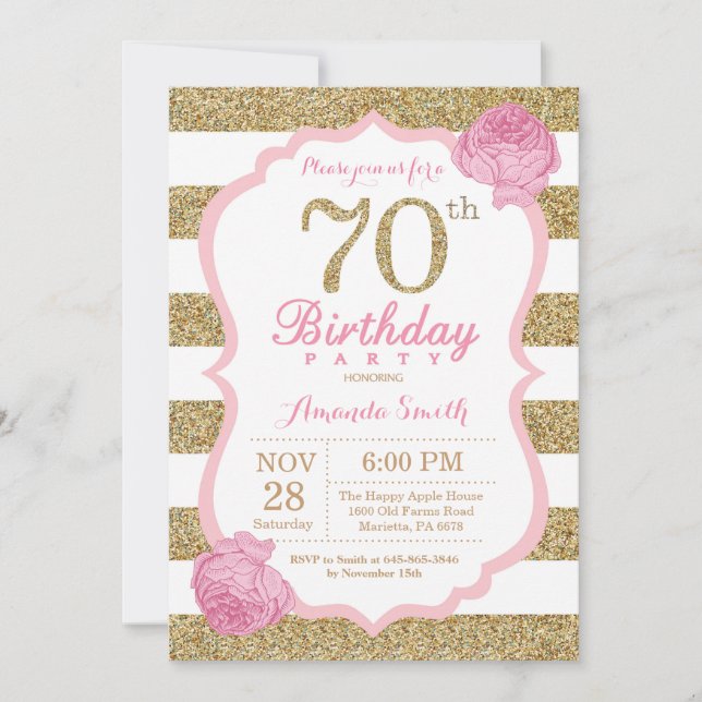 Pink and Gold 70th Birthday Invitation Floral (Front)