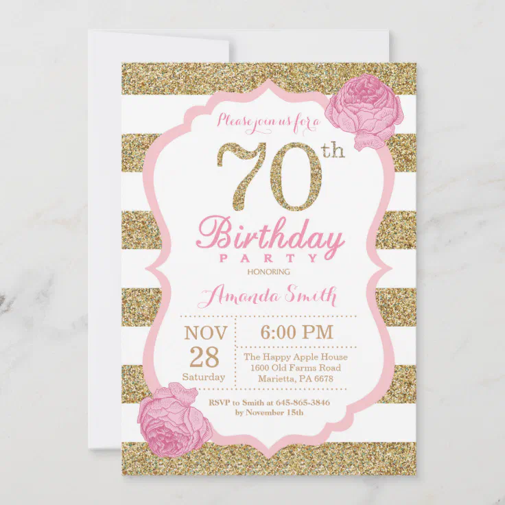 Pink and Gold 70th Birthday Invitation Floral | Zazzle