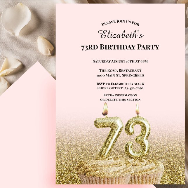Pink and Gold 73rd Birthday Invitation For Her (Creator Uploaded)
