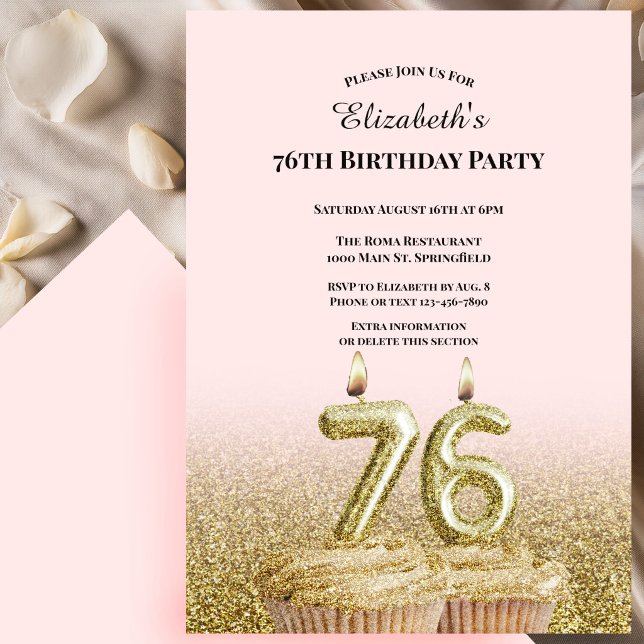 Pink and Gold 76th Birthday Invitation For Her (Creator Uploaded)