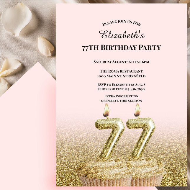 Pink and Gold 77th Birthday Invitation For Her (Creator Uploaded)