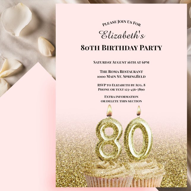 Pink and Gold 80th Birthday Invitation For Her (Creator Uploaded)
