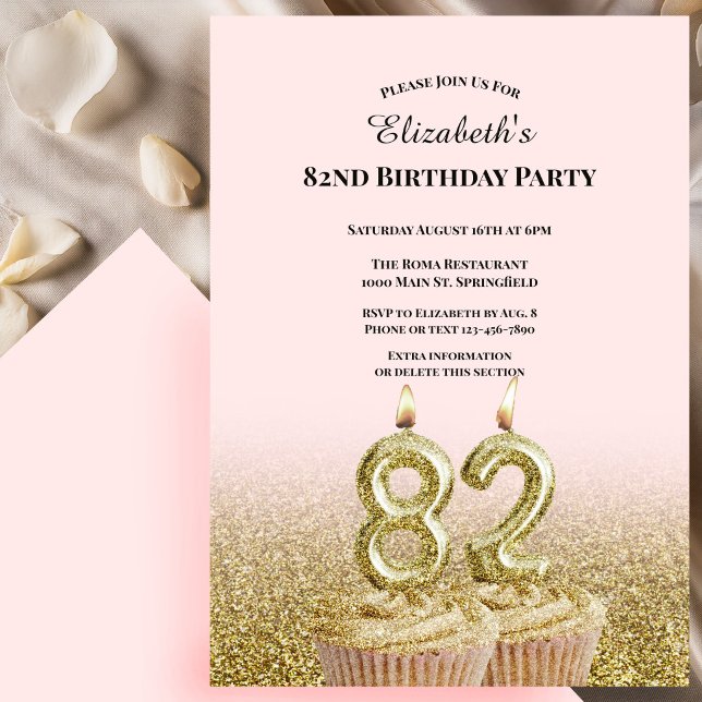 Pink and Gold 82nd Birthday Invitation For Her (Creator Uploaded)