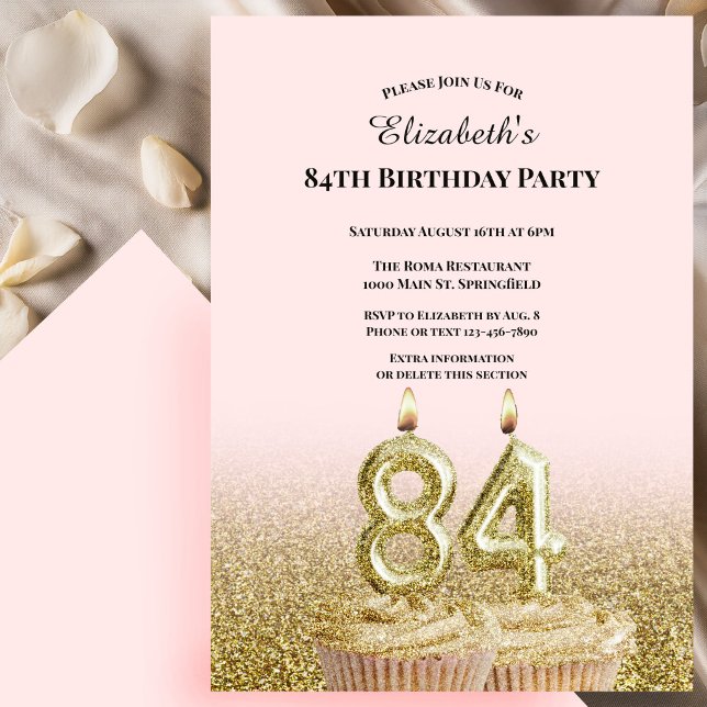 Pink and Gold 84th Birthday Invitation For Her (Creator Uploaded)