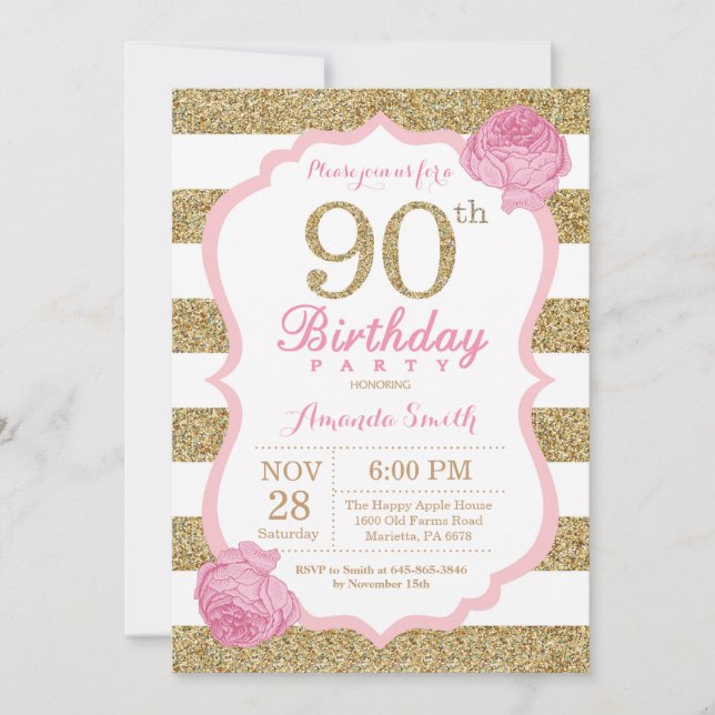 Pink and Gold 90th Birthday Invitation Floral (Front)