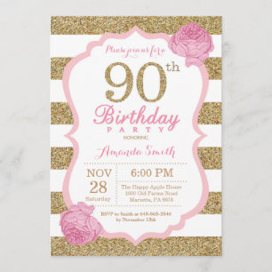 Pink and Gold 90th Birthday Invitation Floral