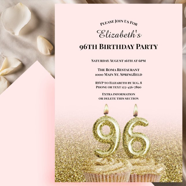 Pink and Gold 96th Birthday Invitation For Her (Creator Uploaded)