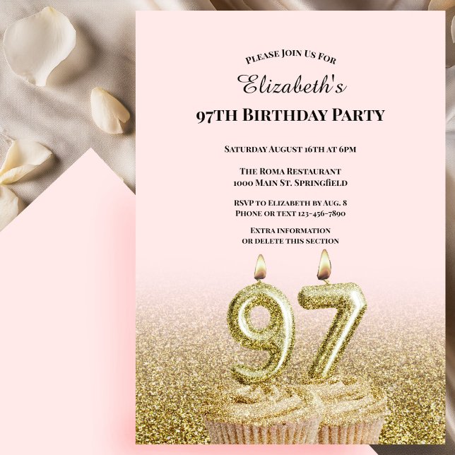 Pink and Gold 97th Birthday Invitation For Her (Creator Uploaded)